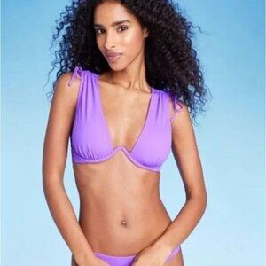 SHADE & SHORE BIKINI TOP UNDERWIRE TUNNELED SHOULDER TIE SWIM SUIT PURPLE NWT